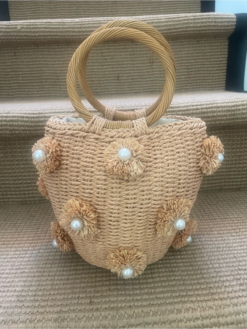 Straw Pom-Pom and Pearl Accent Bag - Natural